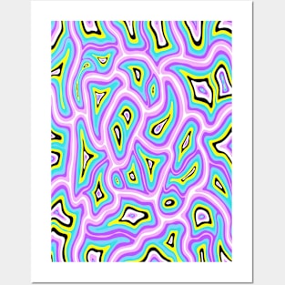 80s Abstract Retro Liquid Marble Swirl, Purple Blue Yellow Black White Posters and Art